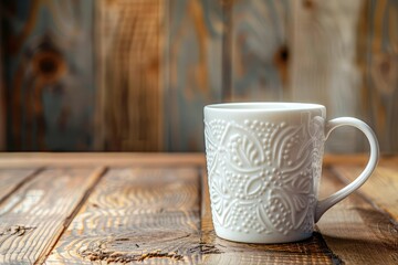 Flawless Picture of a White Cup with a Design on it Sits on a Wooden Table