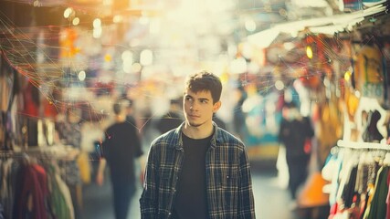 Pensive young man in a bustling market with digital network overlay - Powered by Adobe