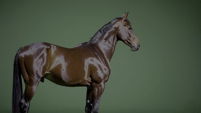 A sleek, chestnut horse stands in profile against a deep green backdrop, radiating strength and grace. Its coat gleams with health and vitality