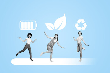 Creative artwork template image 3D collage of three young lady team stand icon battery leaves recycle nature ecosystem world planet earth