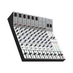 Angled view of a silver audio mixing console with multiple knobs and faders on a black background