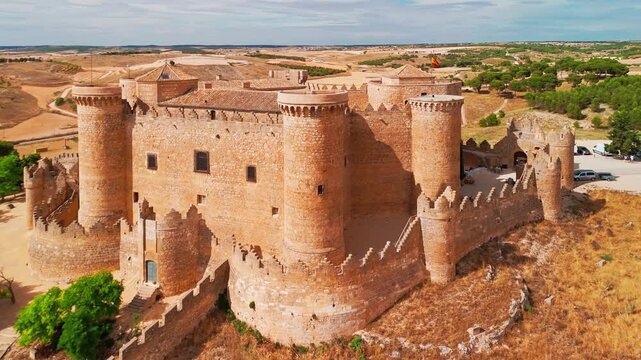 Aerial view of the Gothic-Mudejar Castle of Belmonte, Cuenca Province, Spain.