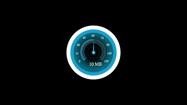 Animation of an internet speed meter, displaying fluctuating download and upload speeds, ideal for tech, networking, or performance-related projects