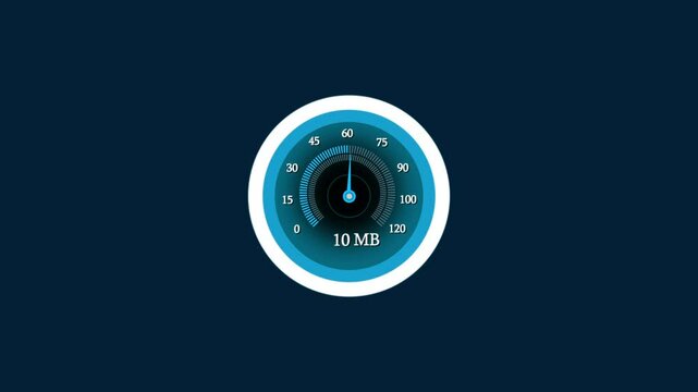 Animation of an internet speed meter, displaying fluctuating download and upload speeds, ideal for tech, networking, or performance-related projects