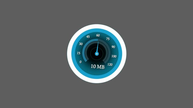Animation of an internet speed meter, displaying fluctuating download and upload speeds, ideal for tech, networking, or performance-related projects