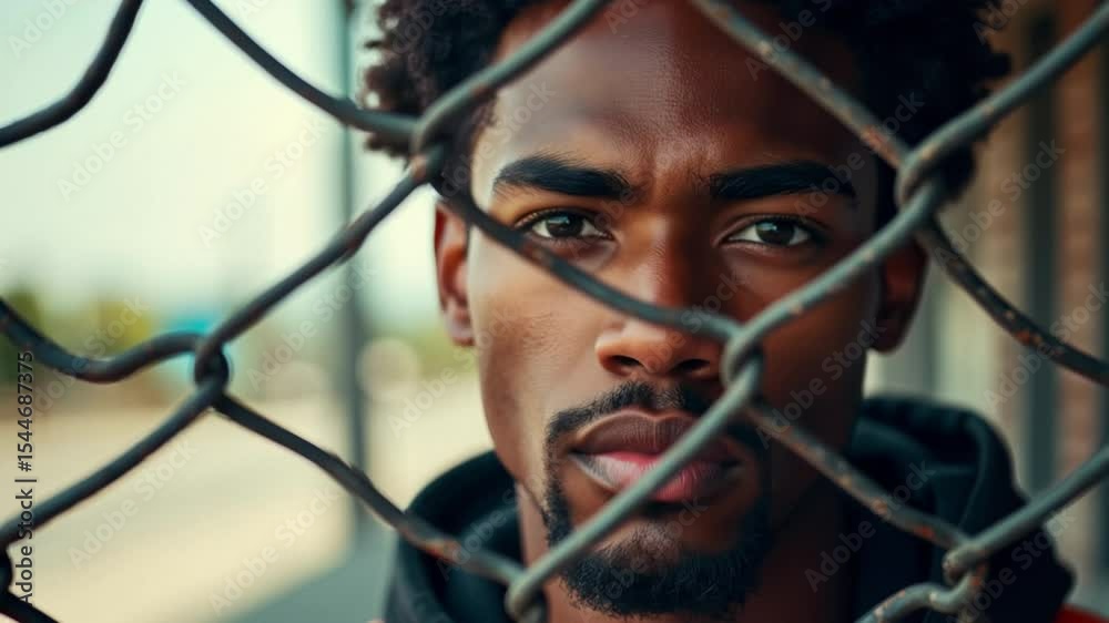 Poster close-up of 20-year-old black man behind chain-link fence with serious expression and ambient light 