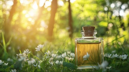 Glass Essential Oil Bottle Placed Among Wildflowers On Sunlit Forest Floor For Natural Wellness Concept
