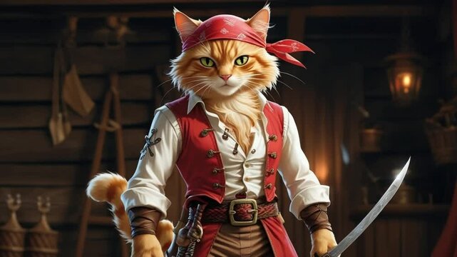 A Pirate Cat Digital Painting of a Feline Buccaneer in a Red Vest and Bandana, Holding a Scimitar