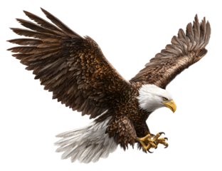 a majestic bald eagle mid-jump with its wings slightly open, heroic pose for American celebration poster on transparent background