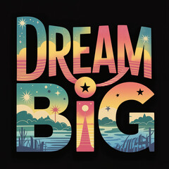Colorful "Dream Big" text design with scenic background elements  