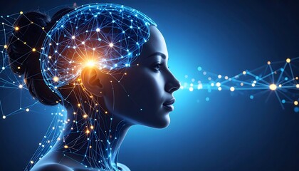 Abstract profile of human head made of luminous neural network, soft pulses of light showing machine learning and digital consciousness, dark blue background.