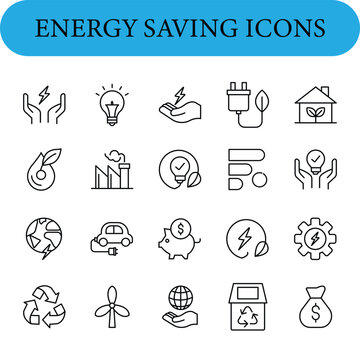 A collection of icons related to energy saving and sustainability. Each icon is a simple black outline against a white background, featuring symbols such as hands holding a lightning bolt, a light bul