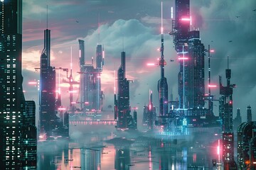 High Quality Image of Cyberpunk City with Tall Futuristic Skyscrapers and Towers