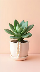 Succulent elegance: Captivating plant adorned with pearl necklace on pastel background