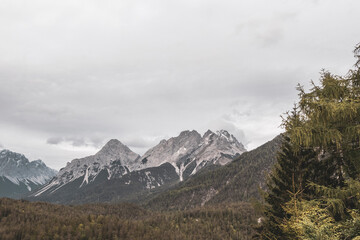 Panorama view Zugspitze mountain alpine landscape in Alps Tyrol Austria.