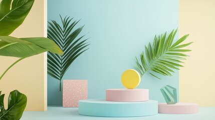 Colorful Geometric Pedestals And Spheres With Tropical Leaves On Pastel Yellow Teal Split Background For Product Showcase