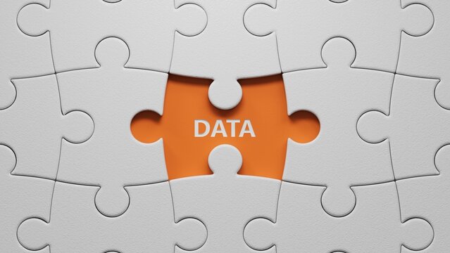 data.The white puzzle pieces with missing pieces spelling.Flat lay view from above on The white puzzle pieces with missing pieces buttons.IT technology concept.3D rendering on orange background.