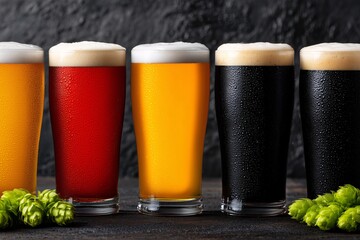 five beer glasses, color variety of beer, craft beverage lineup with hops concept
