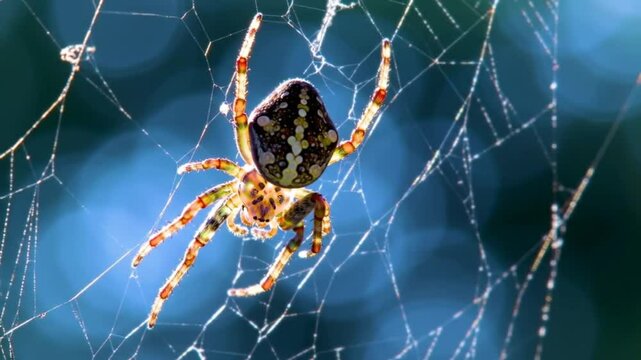Spider waits patiently on its intricately spun web, poised in stillness and ready to capture any victim that disturbs the delicate pattern