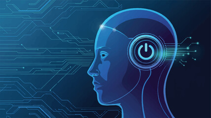 Obraz premium Artificial Intelligence Awakening: A stylized profile of a female head, featuring a glowing power button, symbolizes the awakening of artificial intelligence.