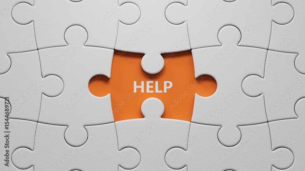 Poster help.the white puzzle pieces with missing pieces spelling.flat lay view from above on the white puzz