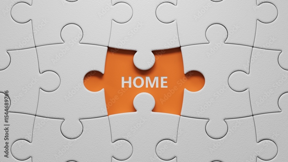 Poster home.the white puzzle pieces with missing pieces spelling.flat lay view from above on the white puzz