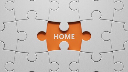 Fototapeta premium Home.The white puzzle pieces with missing pieces spelling.Flat lay view from above on The white puzzle pieces with missing pieces buttons.IT technology concept.3D rendering on orange background.