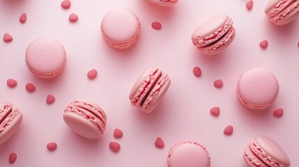 Obraz premium Pink Macarons And Sprinkles Scattered Across Pastel Pink Surface For Sweet Dessert Flatlay And Confectionery Styling