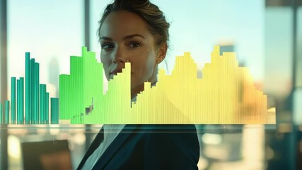 Confident businesswoman with financial chart overlay in modern office - Powered by Adobe