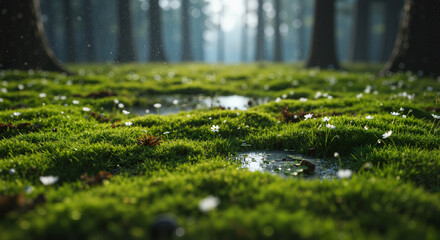 Fototapeta premium Lush Green Moss Forest with Reflection