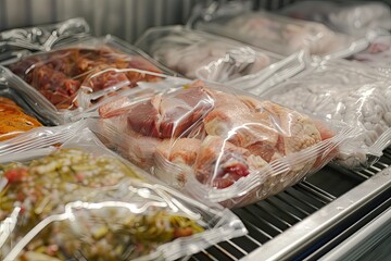 high quality visual of chicken beef and pork Packed in plastic bags in the freezer