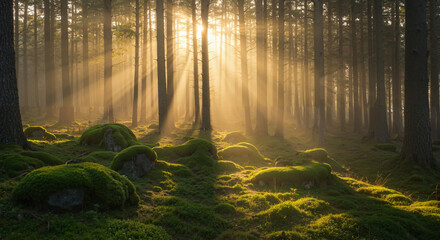 Obraz premium Serene Foggy Forest with Light Rays