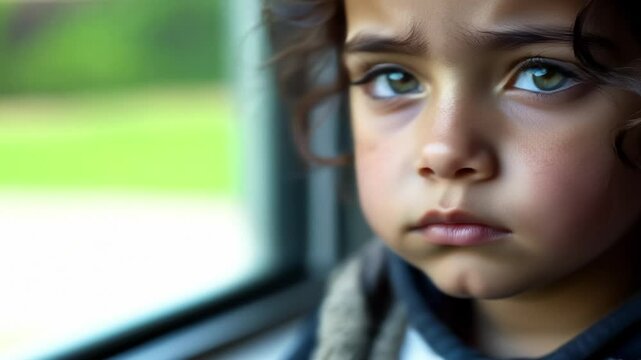 Little girl with sad eyes. Concept of child exploitation, human trafficking, fear, loneliness, hopelessness. Child abuse, violence, crime, social issue. Concept of human rights violation