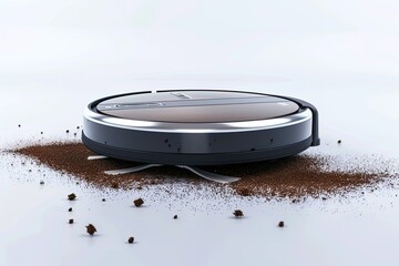 high resolution picture of Modern robot vacuum cleaner and dirt on white background