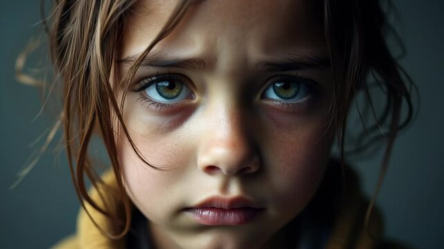 Little girl with sad eyes. Concept of child exploitation, human trafficking, fear, loneliness, hopelessness. Child abuse, violence, crime, social issue. Concept of human rights violation