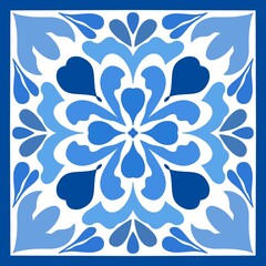 Fototapeta premium Blue mosaic tiles repeat pattern, Azulejo tiles geometric pattern, mediterranean seamless paper for wedding, home decor, textile, posters, greeting cards, web site, ceramics