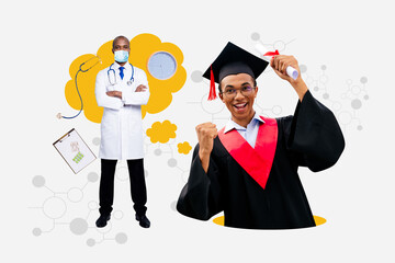 Sketch template design 3D photo collage composite of young man graduation doctor medic knowledge...