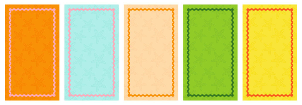 Bright seamless summer backgrounds with decorative frame and starfish pattern. Perfect for social media templates, digital scrapbooking and tropical design projects.