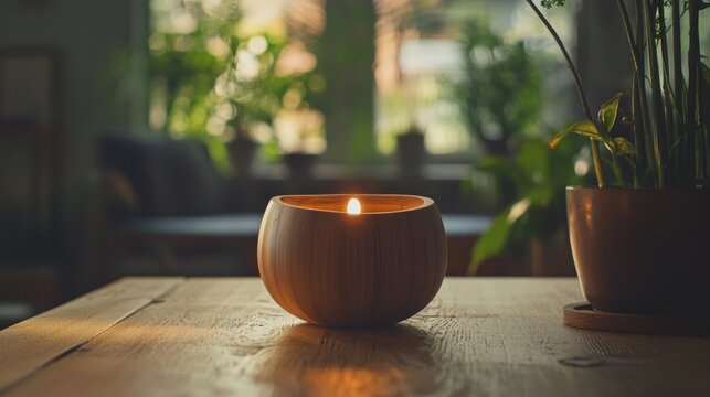 Candle in wooden holder on table in cozy natural light environment for peaceful meditation setup