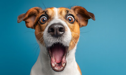 Funny surprised dog opening mouth wide with amazement on blue background