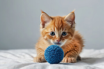 A ginger kitten staring intently at a blue textured ball on a white surface with a grey background