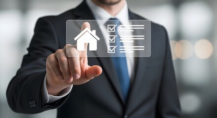Businessman selects home checklist on touchscreen, real estate technology concept showing digital home buying process and property management.