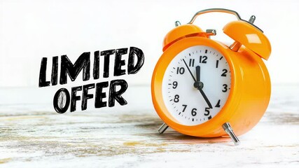 Orange alarm clock and limited offer text on white table. Last time chance to buy on sale concept