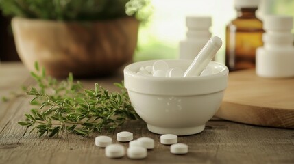 Mortar with fresh herbs and medicine pills on wood for holistic natural wellness and health remedy concept