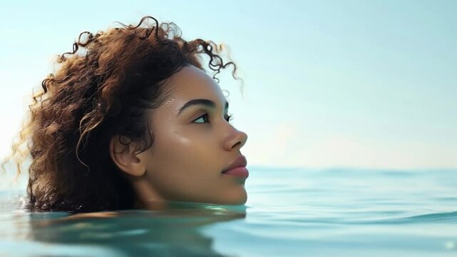 Relaxed woman floating in calm water with closed eyes enjoying peaceful moment under clear sky.