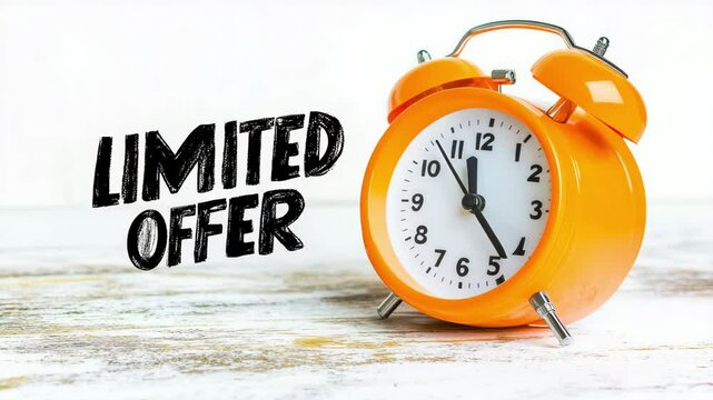 Orange alarm clock and limited offer text on white table. Last time chance to buy on sale concept