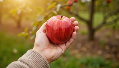 Hand holding red apple in orchard during autumn sunlight  