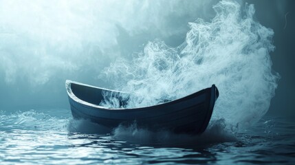 Obraz premium Wooden rowboat surrounded by fog on quiet water for peaceful mysterious scene solitude travel concept