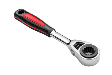 Chrome ratchet wrench with black and red ergonomic handle and attached socket isolated on transparent background, ready for mechanic's use
