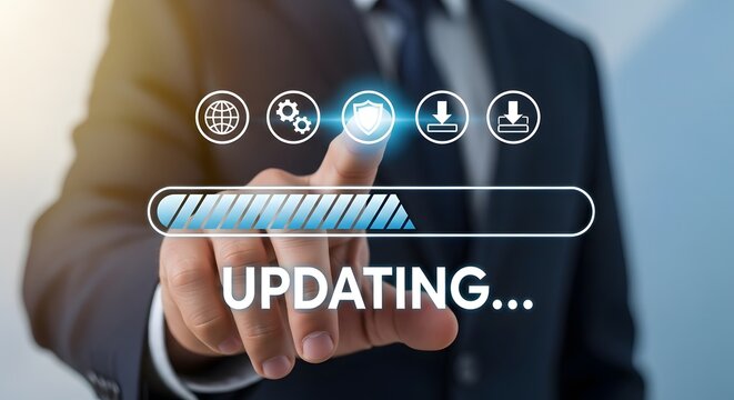 Businessman Initiates Software Update Progress Bar Showing Secure Download Global Network Technology